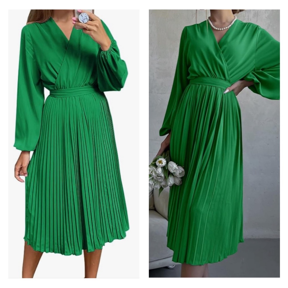 Green Long Sleeve Pleated Midi Dress